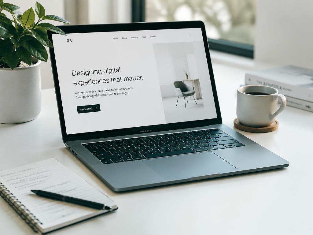 A modern website interface on a laptop in a bright workspace